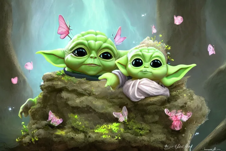 an extremely cute (Baby Yoda) sits on a lichen covered Stable