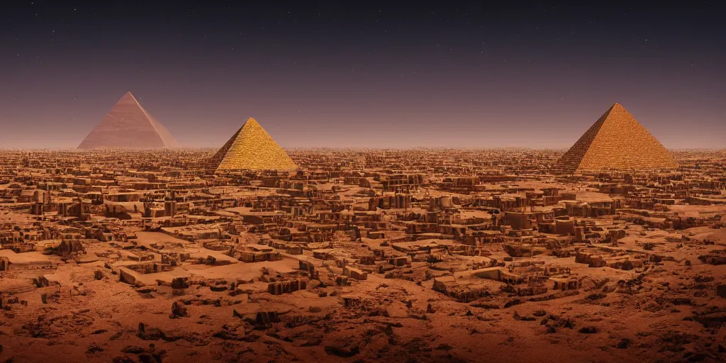 Image similar to a city in the desert with a pyramid in center, ziggurat, fantasy, hyper realistic, dramatic lighting, cinematic, 35mm lens, 8k,