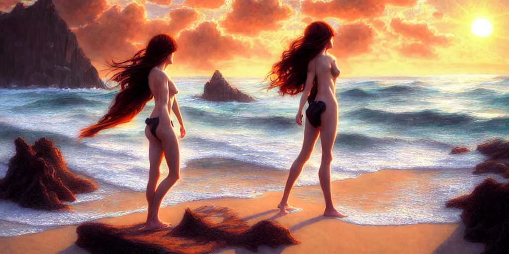 Image similar to ! dream photorealistic long shot of big sun rough sea and jagged rocks nets, plastic bottles, garbage, sand and sea, golden hour, dark beautiful goddess on the beach, fantasy, atmospheric, hyper realistic, artstation, art by artgerm and sangsoo jeong and john william waterhouse