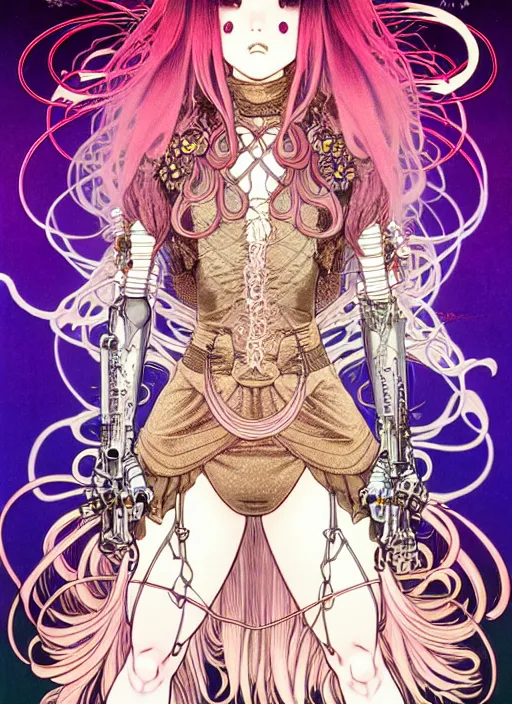 Image similar to highly detailed terada katsuya artstation manga poster of witch mechine, hajime sorayama, rainbow gradient bloom, long hair, armor, dress, laces, ruffles, 8 k, maximalist, ayami kojima, alphonse mucha