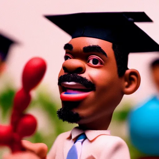 Image similar to a cinematic film still of a claymation stop motion film starring chance the rapper as a college student, shallow depth of field, 8 0 mm, f 1. 8