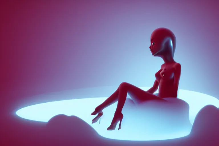 Image similar to a cute alien girl sitting on a cloud relaxing, misty, glows, blender render, hazy, foggy, red lighting, ambient lighting, 8 k,