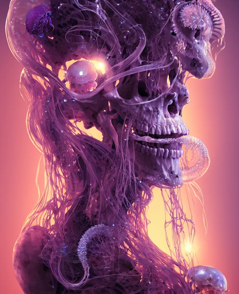 Image similar to goddess close - up portrait human skeleton, ram skull, jellyfish, orchid, betta fish, bioluminiscent, intricate artwork by tooth wu and wlop and beeple. octane render, trending on artstation, greg rutkowski very coherent symmetrical artwork. cinematic, hyper realism, high detail, octane render, 8 k