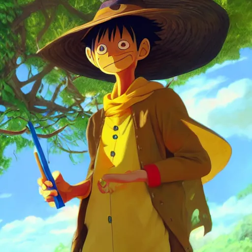 Image similar to concept art painting of an anthropomorphic luffy wearing a yellow cloak, holding a straw hat, in the deep forest, realistic, detailed, cel shaded, in the style of by isaac asimov and marc simonetti and makoto shinkai and greg rutkowski