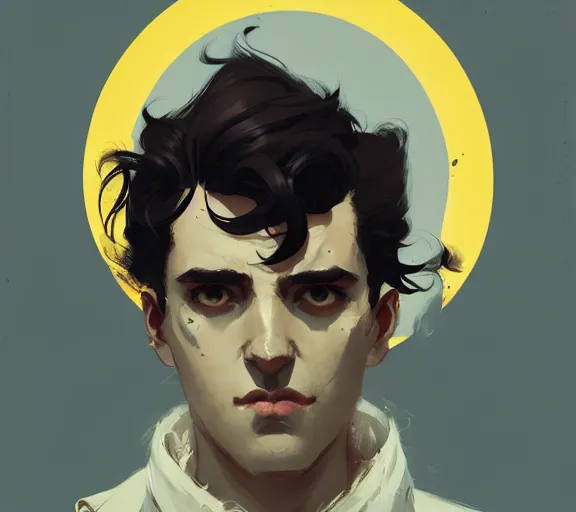 Image similar to portrait victorian man with black hair and yellow eyes, by atey ghailan, by greg rutkowski, by greg tocchini, by james gilleard, by joe fenton, by kaethe butcher, by ashley wood, dynamic lighting, gradient light blue, brown, blonde cream and white color scheme, grunge aesthetic