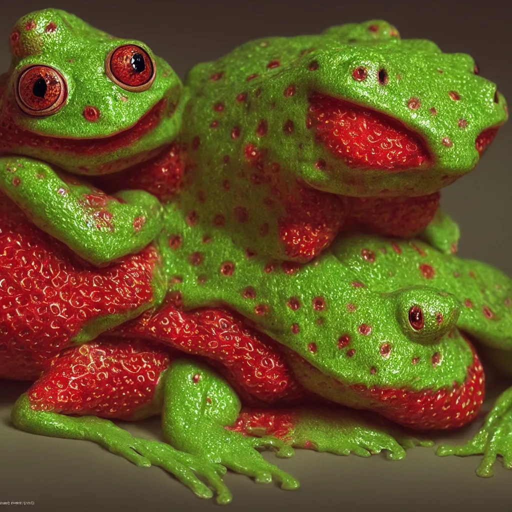 Prompt: hyperrealistic mixed media painting of a strawberry frog chimera, dim volumetric lighting, 8 k octane beautifully detailed render, post - processing, portrait, extremely hyper - detailed, intricate, epic composition, cinematic lighting, masterpiece, trending on artstation, very very detailed, masterpiece, stunning