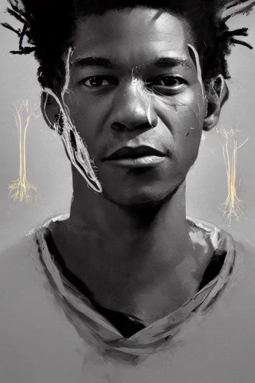 Prompt: portrait of jean basquiat, staring directly into camera, intricate, elegant, glowing lights, highly detailed, digital painting, artstation, sharp focus, illustration, art by wlop, mars ravelo and greg rutkowski