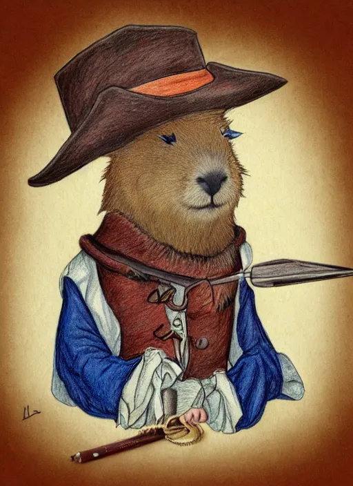 Prompt: detailed colored pencil drawing of a anthropomorphic capybara as a pirate