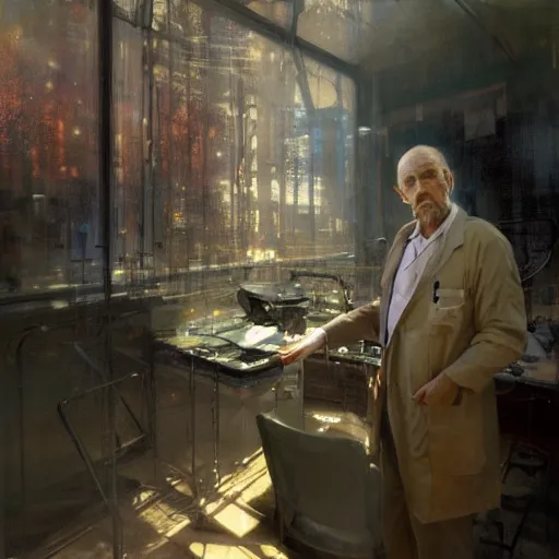 Prompt: hyperrealist portrait of a thin mean old man with a lab coat standing in front of a computer simulation by jeremy mann and alphonse mucha, fantasy art, photo realistic, dynamic lighting, artstation, poster, volumetric lighting, very detailed faces, award winning