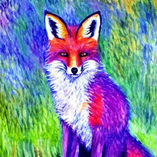 Image similar to fox in the garden, vivid watercolor, in the style of claude monet, beautiful face, fall leaves multiple colours, award winning, hd, 4 k, purple, blue