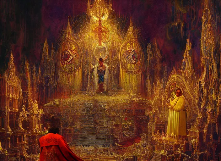 Image similar to worship of the pope, royal robe, gold trim, demons, mysticism, light effect, hyper detailed, intricate, atmospheric, elegant, photorealistic by paul lehr, hyper - real