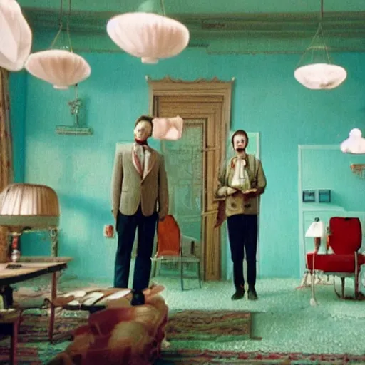 Image similar to film still from surreal arthouse film, avant garde, wes anderson color palette, unusual lighting choices, award winning set design