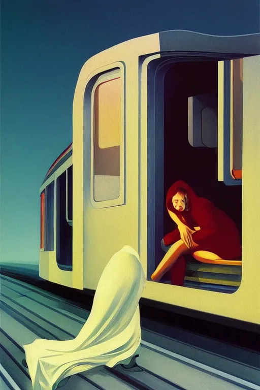 Image similar to woman put the train through her head Edward Hopper and James Gilleard, Zdzislaw Beksisnski, higly detailed