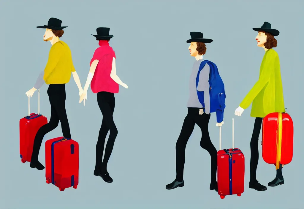 Image similar to full body portrait of a duo of european tourists autumn travel apparel, various poses walking and carrying luggage, character designs painting, in the style of wes anderson, rene magritte, lola dupre, david hockney, isolated on white background, dark monochrome neon spraypaint accents volumetric octane render