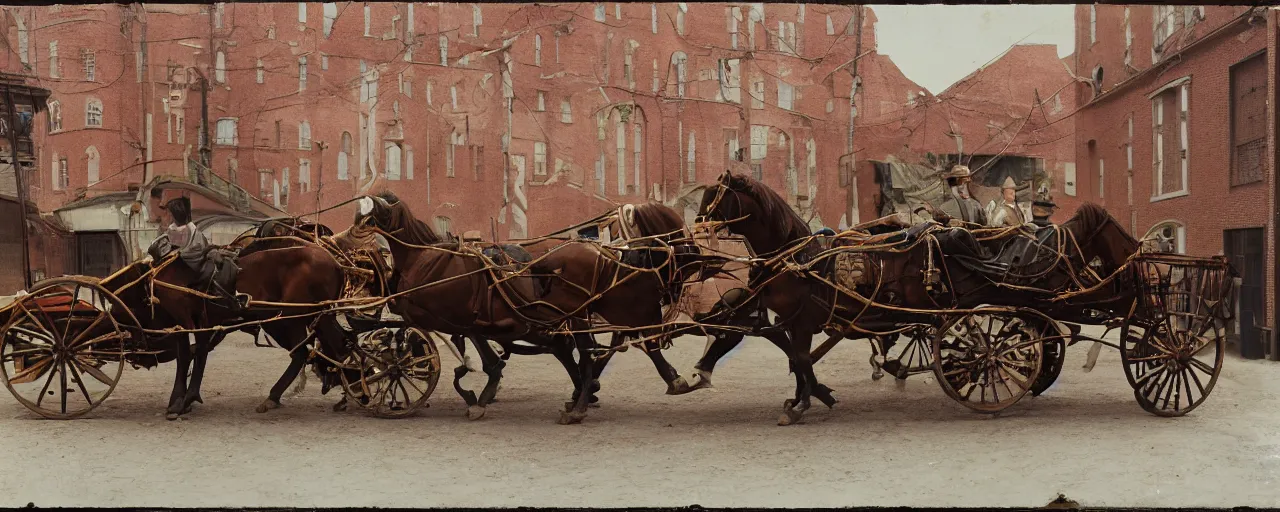 Image similar to 1 8 0 0 s horse drawn carriage carrying spaghetti to a factory building, daguerreotype, ultra - realistic faces, fine detail, anon 5 0 mm, wes anderson, kodachrome, retro