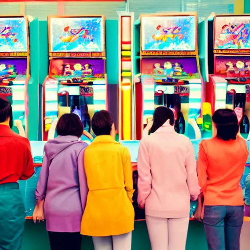 Prompt: a bunch of people at a japanese arcade pastel colors