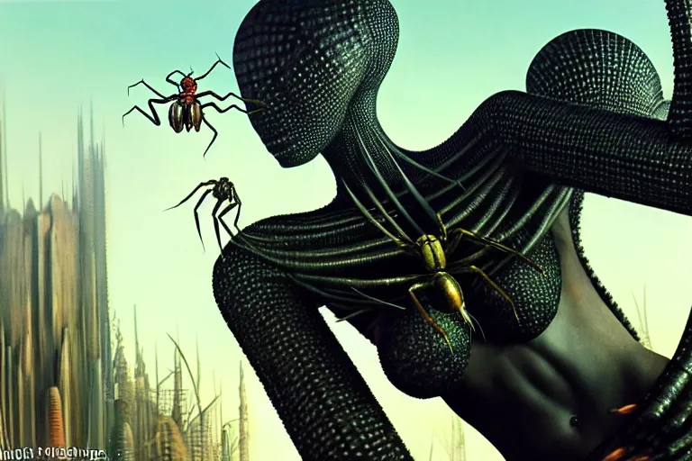 Image similar to realistic detailed closeup portrait movie shot of a beautiful black woman riding a giant spider, dystopian city landscape background by denis villeneuve, amano, yves tanguy, alphonse mucha, max ernst, kehinde wiley, caravaggio, roger dean, cyber necklace, rich moody colours, sci fi patterns, wide angle
