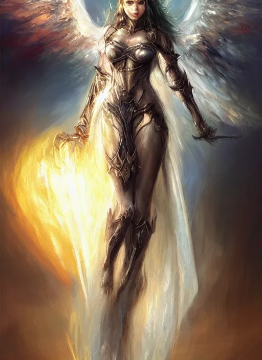 Image similar to concept art, angel knight girl. by artstation trending, by joseph mallord william turner, luis royo, konstantin razumov, cinematic lighting, fractal flame, highly detailed