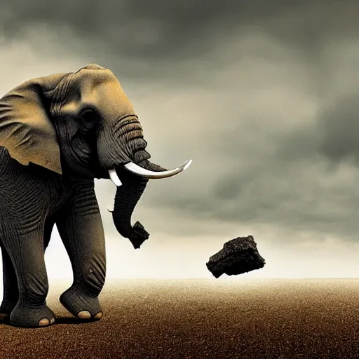 Image similar to an elephant falling apart and crumbling to dust to the air, photorealistic