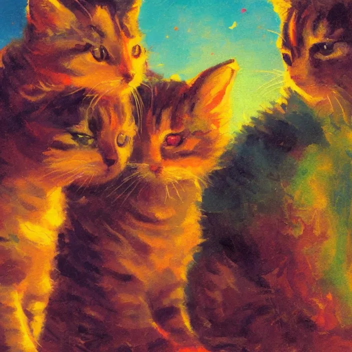 Image similar to colourful painting of two cute little kitties, art in paul lehr and charles camoin style, close shot, bright, evening, soft lighting, focus, masterpiece art