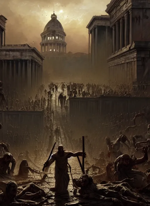 Image similar to masterpiece concept art, exorcist in a zombie apocalypse in ancient rome, by greg rutkowski and geof darrow, 8 k, intricate detail, cinematic lighting