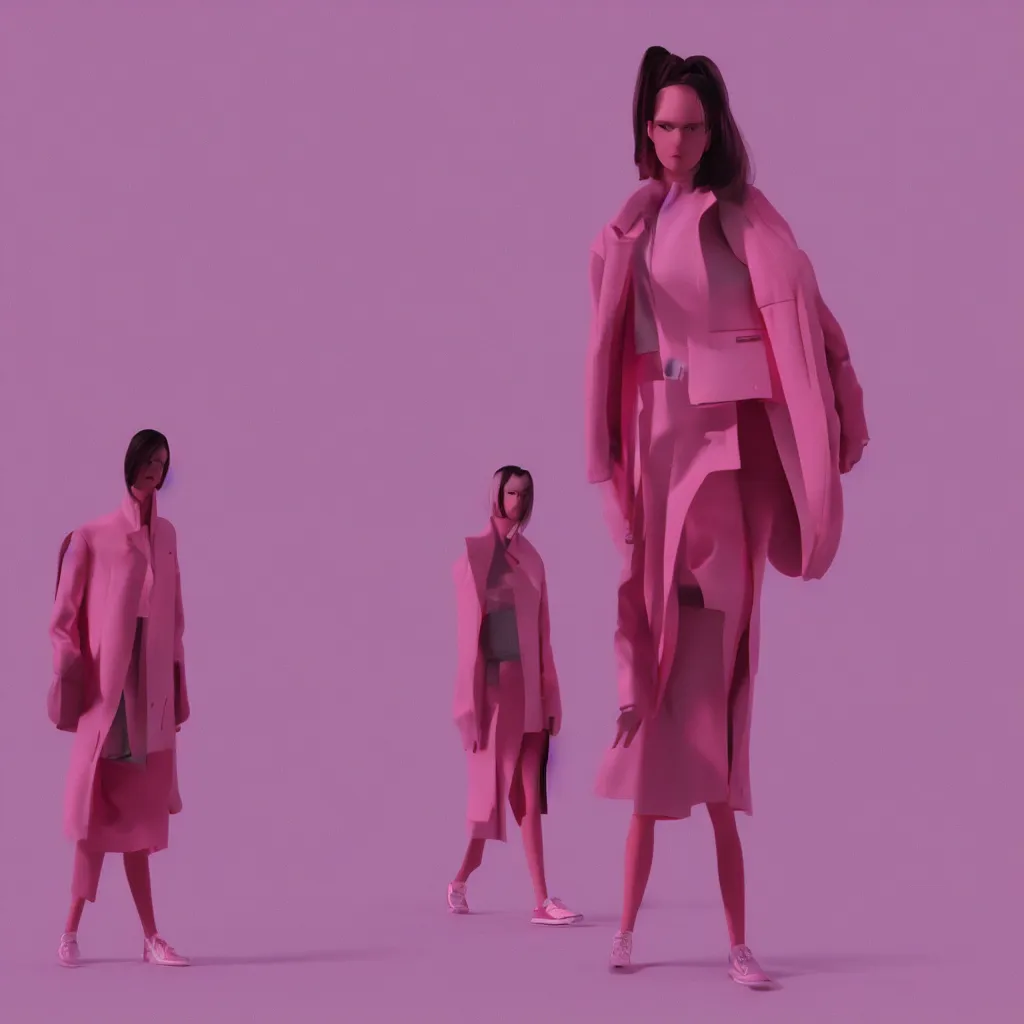 Image similar to moderately cool female person, photoshoot for a lookbook for Balenciaga, 3d render, pink lighting, matte vivid color