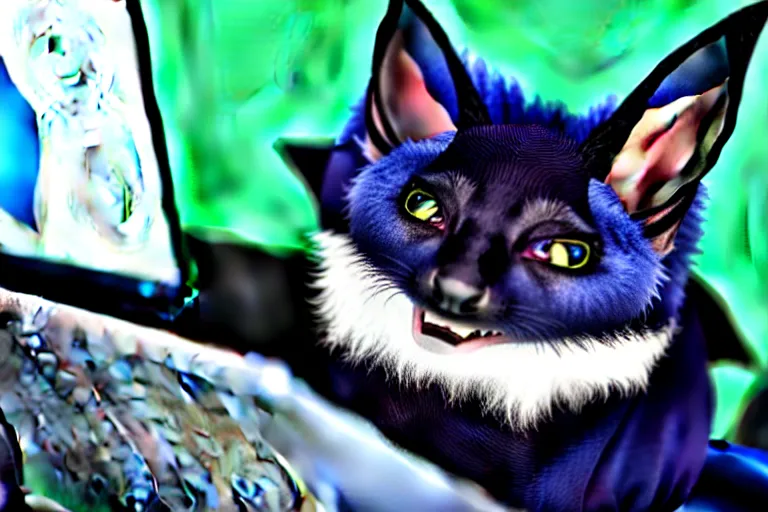 Image similar to a blue - and - black male catbat fursona with blue / green heterochromatic eyes and huge bat ears, photo of the catbat streaming on his computer