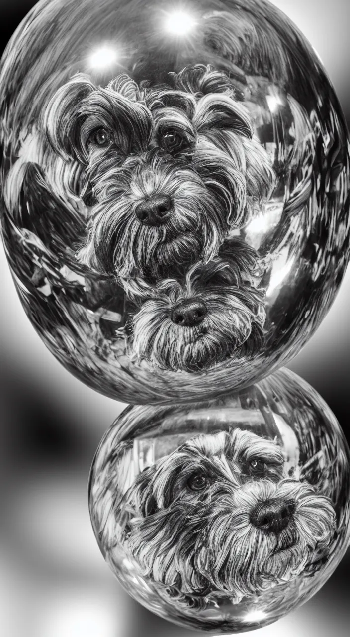 Prompt: full body portrait of one havanese dog reflected in a chrome sphere, ultra wide 1 0 mm, by m c escher pen and paper