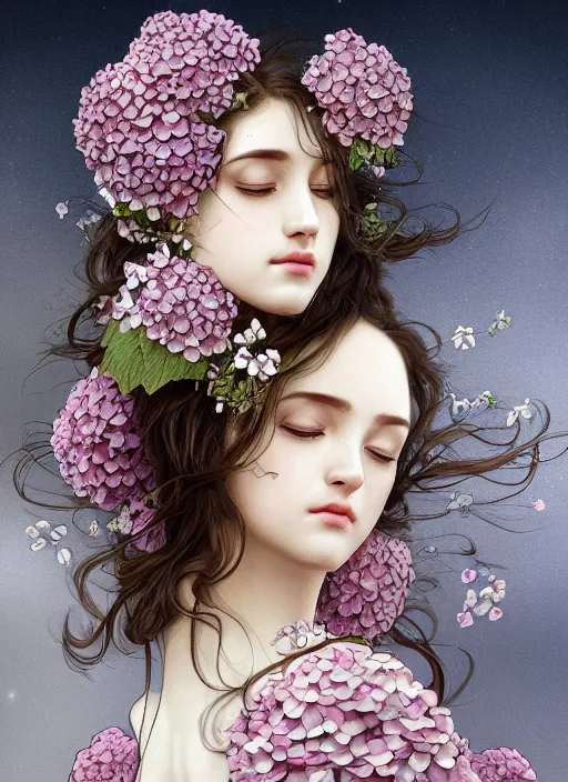 Image similar to a photographic portrait of a seductive sleeping anthropomorphic hydrangea blossom with a perfect face, fantasy, wind blowing hair, intricate, elegant, very very highly detailed, digital painting, artstation, concept art, smooth, super sharp focus, illustration, art by artgerm and h r giger and alphonse mucha