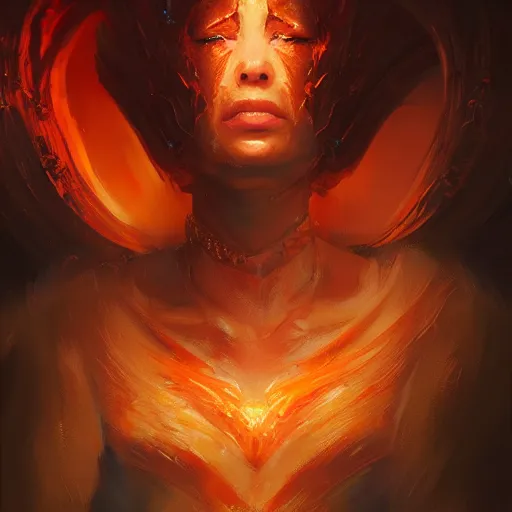 Prompt: A portrait of the Queen of fire, Magic the Gathering art, art by greg rutkowski, matte painting, trending on artstation, very detailed