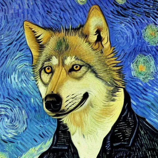 Image similar to retarded wolf portrait, van gogh style