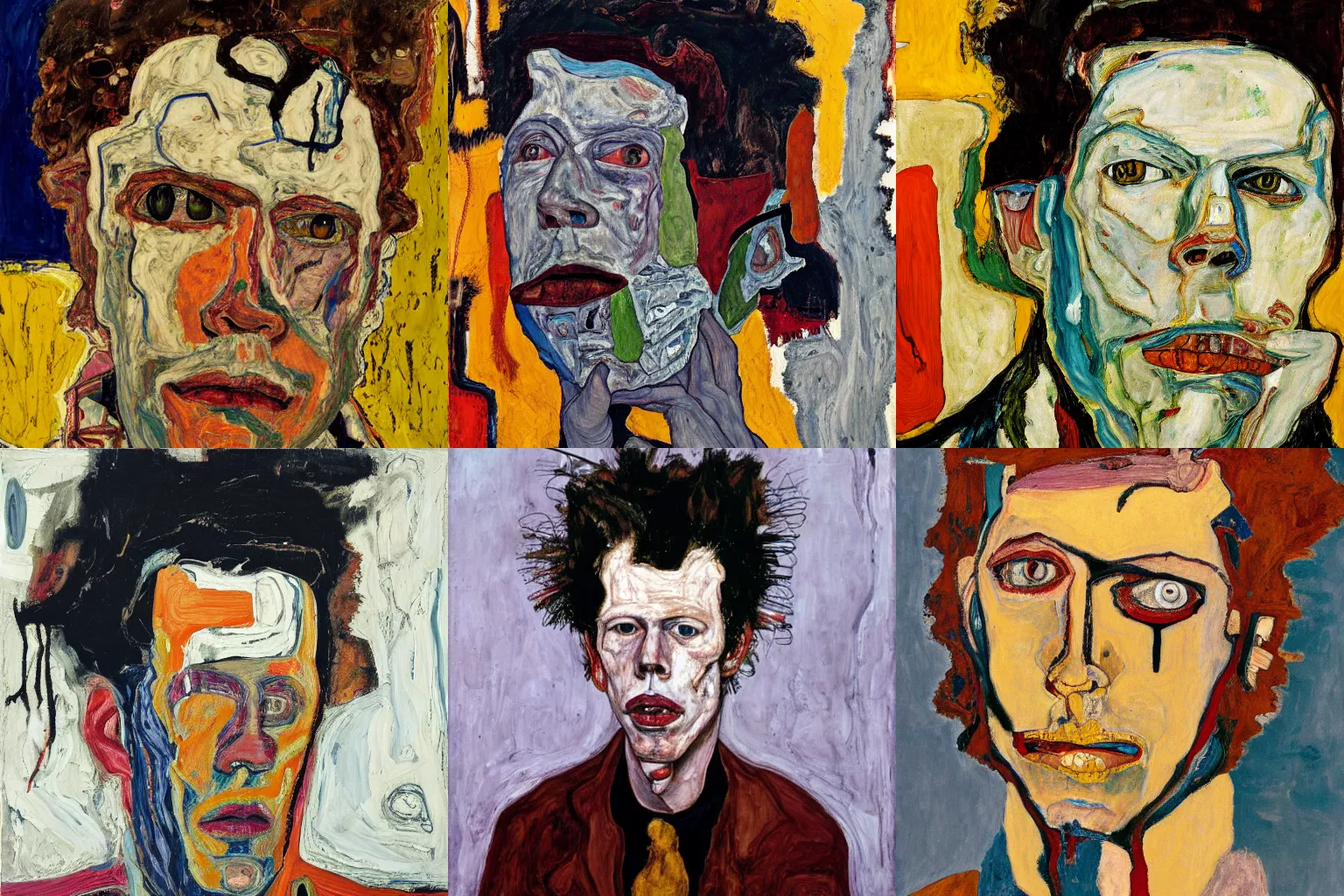Prompt: oilpainting portrait of tom waits, in the style of lucian freud, (by basquiat), by egon schiele