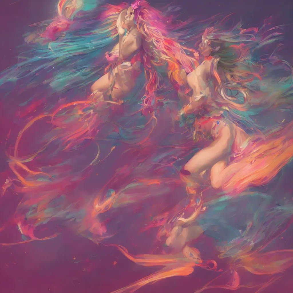 Image similar to a colorful and provenance illustrations painting of the fantasy female flying floral wing, highly detailed, her hair made of hair made of air wind and curling smoke, mist, dust, genie, spirit fantasy concept art, art by aenami, alena, afshar, petros and leonid, trending on artstation.