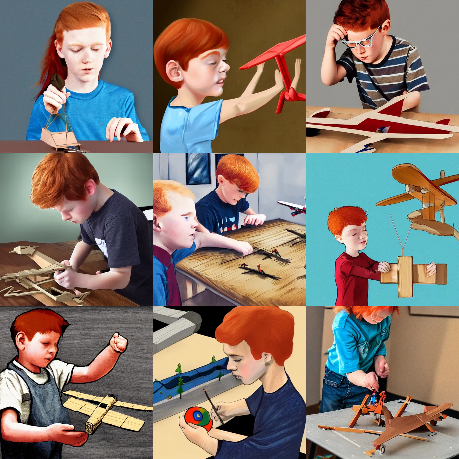 Prompt: a frustrating digital painting of a redheaded boy trying to assemble a wooden flying model