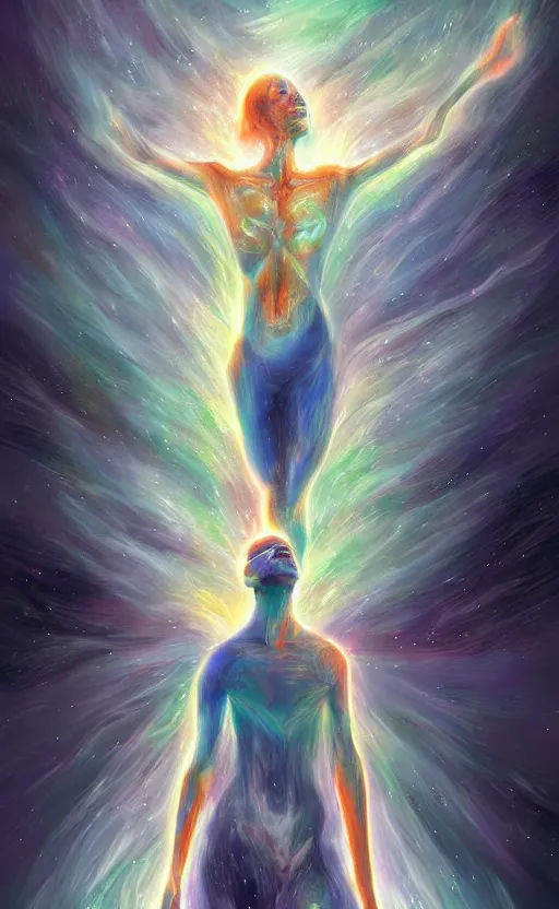 Image similar to the soul detaching from the body in the universe, artstation, digital painting