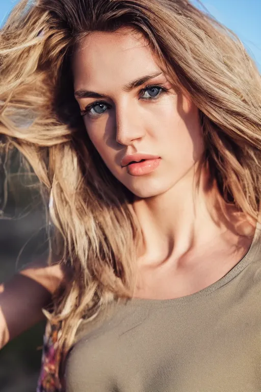 Prompt: olive skinned dark blonde female model in her twenties, wearing a designer top, looking content, focused on her neck, photo realistic, extreme detail skin, natural beauty, no filter, slr, golden hour, 4 k, high definition, selfie