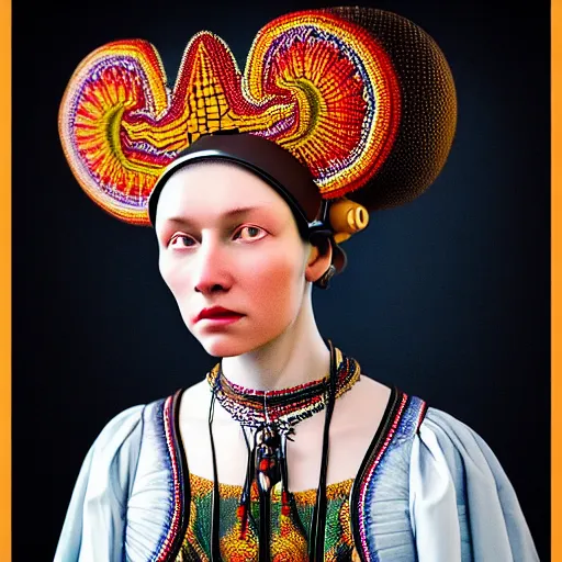 Image similar to Colour Caravaggio style full body portrait Photography of Highly detailed beautiful Woman wearing detailed Ukrainian embroidery folk costume designed by Taras Shevchenko with 1000 years perfect face wearing highly detailed retrofuturistic VR headset designed by Josan Gonzalez. Many details In style of Josan Gonzalez and Mike Winkelmann and andgreg rutkowski and alphonse muchaand and Caspar David Friedrich and Stephen Hickman and James Gurney and Hiromasa Ogura. Rendered in Blender and Octane Render volumetric natural light