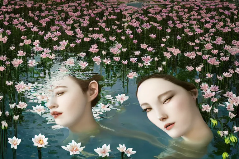 Image similar to cinematic 3 d portrait of a white porcelain woman's head and shoulders floating in a pond, surrounded by a forrest of lillies, deep focus, intricate, elegant, highly detailed, matte, sharp focus, by james jean and kim jung gi