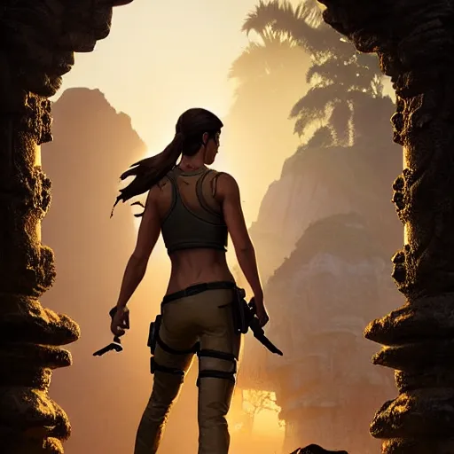 Image similar to lara croft in jungle temple setting, behind her in the background a huge statue of some unknown deity carved in to the face of wall, atmospheric lighting, painted, intricate, volumetric lighting, beautiful, golden hour, sharp focus, ultra detailed, by leesha hannigan, ross tran, thierry doizon, kai carpenter, ignacio fernandez rios