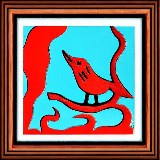 Image similar to a bird rising above the flames, mexican folk art, native american folk art, relief engraving, framed art, simple, mild expressionism, award winning