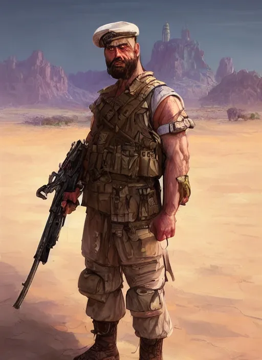 Image similar to purple scene lighting, detailed character portrait concept art, white male, strong muscular mature, soldier with beard, short hair, in a soldier uniform, desert with city in the background, sharp focus, illustration, highly detailed, digital painting, concept art, matte, art by wlop and artgerm and greg rutkowski, masterpiece