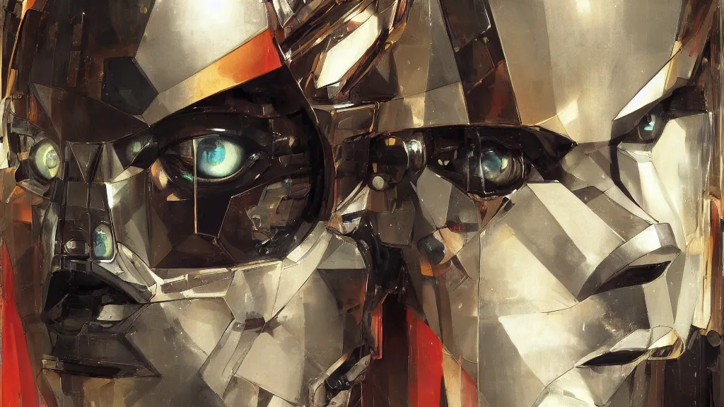 Image similar to a portrait of cyber - dog of sci fi metallic human by yoji shinkawa bright eyes, melancholic complex geometric figure liminal machinery by oskar schlemmer, moebius, john berkey, film grain, oil on canvas, portrait facial head, featured on artstation, hd wallpaper, 8 k