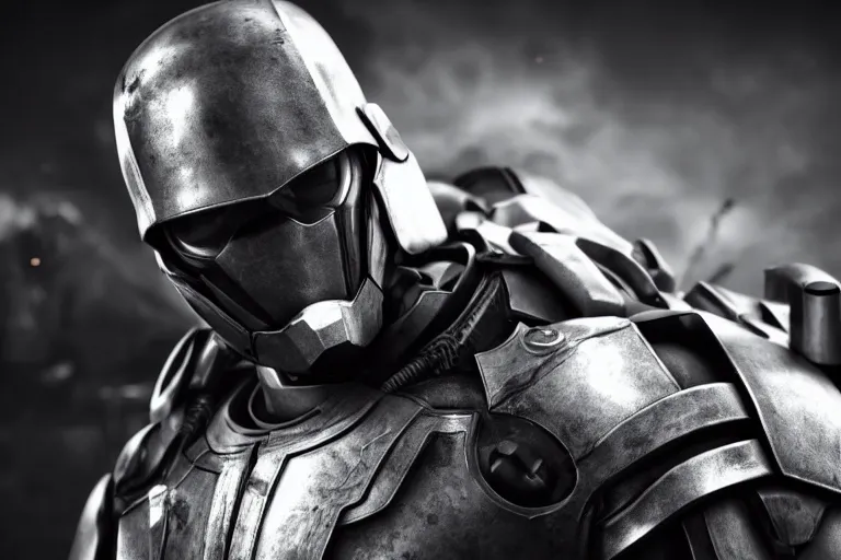 Image similar to still photo of a iron tech age war man looking at the camera in a battlefield, black and white color aesthetic, highly detailed, photorealistic portrait, bright studio setting, studio lighting, crisp quality and light reflections, unreal engine 5 quality render