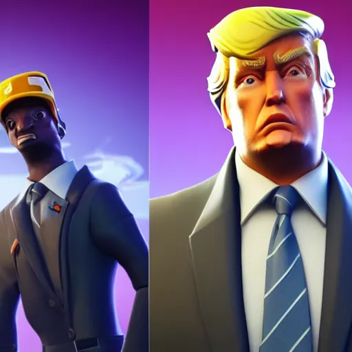 Image similar to Donald trump in Fortnite game, realistic artstyle, wide shot, dramatic lighting, octane render, hyperrealistic, high quality, highly detailed, HD, beautiful, cinematic, 8k, unreal engine, facial accuracy, symmetrical