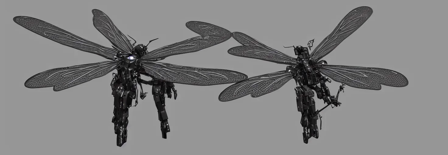 Image similar to symmetry!! a mechanized dragonfly with it's wings spread, gunmetal grey, top down view, very symmetrical, mecha, jet fighter, robotic, highly detailed, artstation, super realistic, unreal engine