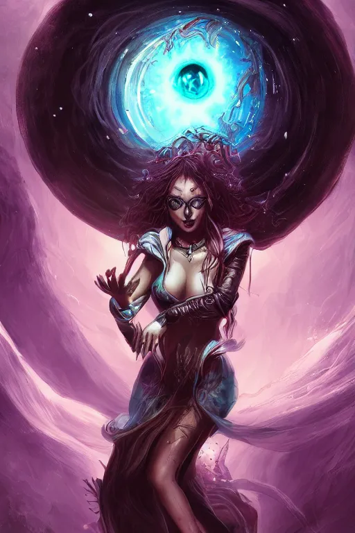 Image similar to A Beautiful Blackhole Sorceress, digital art, fantasy, magic, trending on artstation, ultra detailed, professional illustration by David Romero, ArtGerm, WLOP