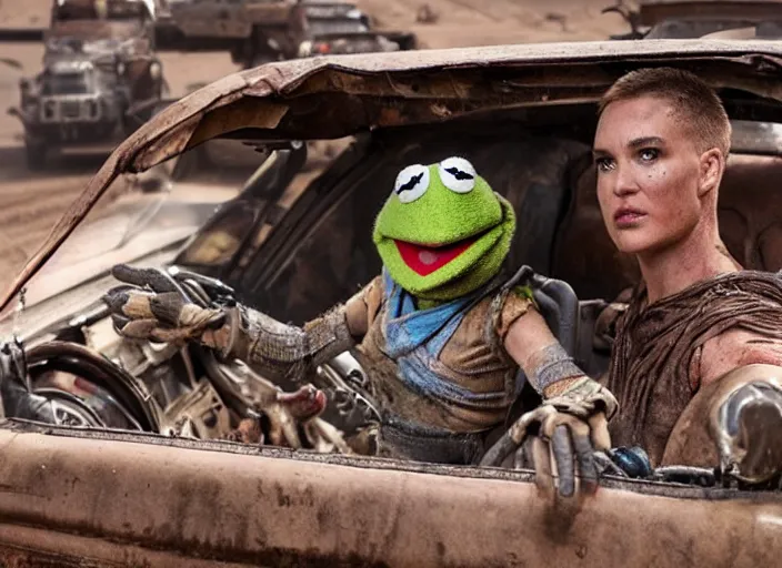 Image similar to scene from the 2015 science fiction film Muppet Mad Max: Fury Road