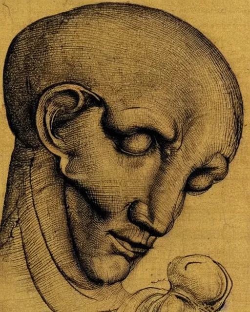 Image similar to head with four faces creature, drawn by da vinci