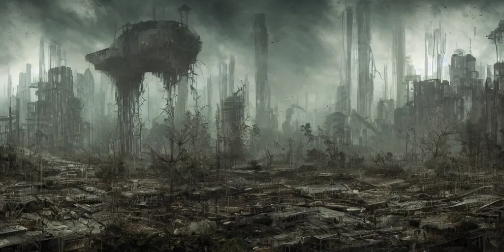Prompt: Panorama forest overgrown post-apocalyptic cyberpunk alien city highly detailed with a column of white smoke in the distance, dusk, crumbling stone , rust, sci-fi, science, industry, realistic, in the style of grandfailure, Tithi Luadthong, dynamic dramatic dark moody lighting,shadows,cinematic atmosphere,Artstation,concept design art,Octane render,8K