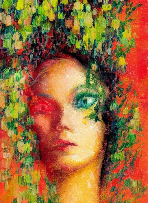 Prompt: an extreme close-up abstract portrait of a lady enshrouded in an impressionist representation of Mother Nature’s trees and the meaning of life by Igor Scherbakov, abstract, thick visible brush strokes, figure painting by Anthony Cudahy and Rae Klein, minimalist vintage cover illustration by Mitchell Hooks